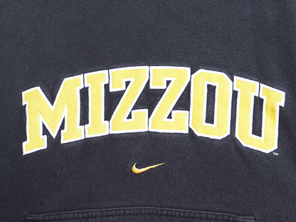 00s ナイキ カレッジ 刺繍 スウェット フード パーカー メンズ M オールド トレーナー スウッシュ プルオーバー 裏起毛 ヘビーウェイト 黒