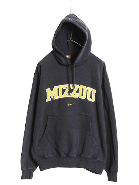 00s ナイキ カレッジ 刺繍 スウェット フード パーカー メンズ M オールド トレーナー スウッシュ プルオーバー 裏起毛 ヘビーウェイト 黒