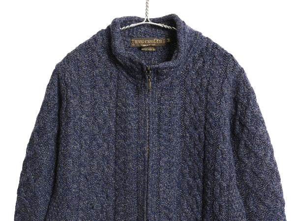90s アイルランド製 INIS CRAFTS フルジップ フィッシャーマン ニット セーター レディース M / オールド メリノ ウール ジャケット アラン