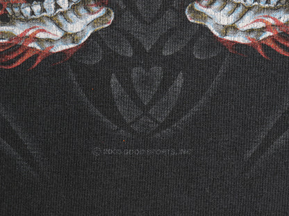 00s 全面 イラスト プリント 長袖 Tシャツ メンズ 2XL / オールド ロンT スカル バイク ファイヤー トライバル 袖プリント 大きいサイズ 黒