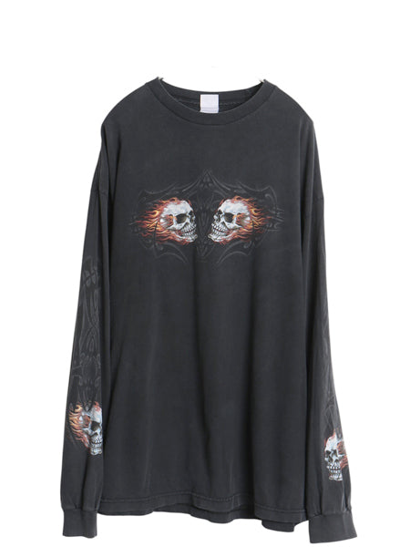 00s 全面 イラスト プリント 長袖 Tシャツ メンズ 2XL / オールド ロンT スカル バイク ファイヤー トライバル 袖プリント 大きいサイズ 黒