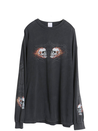 00s 全面 イラスト プリント 長袖 Tシャツ メンズ 2XL / オールド ロンT スカル バイク ファイヤー トライバル 袖プリント 大きいサイズ 黒