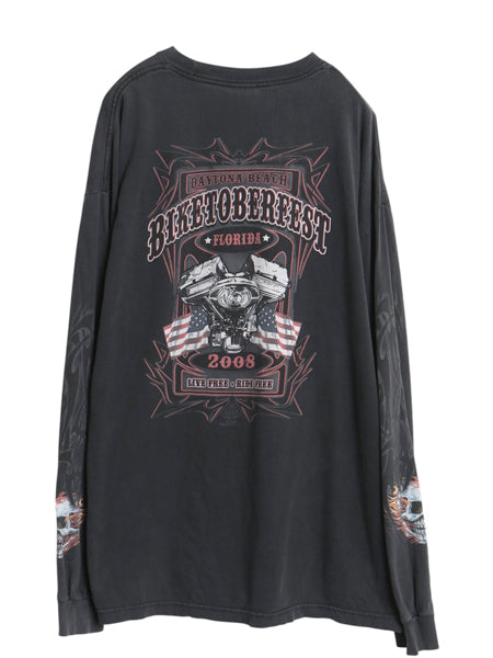 00s 全面 イラスト プリント 長袖 Tシャツ メンズ 2XL / オールド ロンT スカル バイク ファイヤー トライバル 袖プリント 大きいサイズ 黒