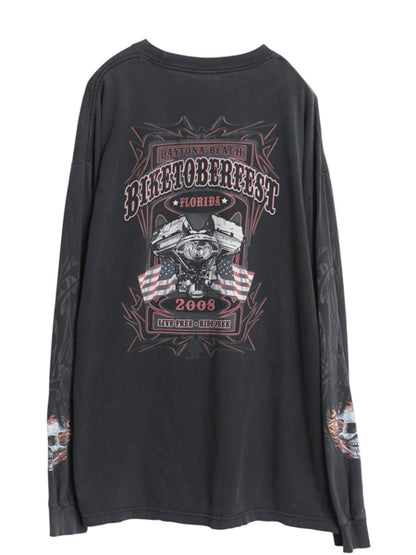 00s 全面 イラスト プリント 長袖 Tシャツ メンズ 2XL / オールド ロンT スカル バイク ファイヤー トライバル 袖プリント 大きいサイズ 黒