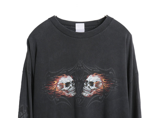 00s 全面 イラスト プリント 長袖 Tシャツ メンズ 2XL / オールド ロンT スカル バイク ファイヤー トライバル 袖プリント 大きいサイズ 黒