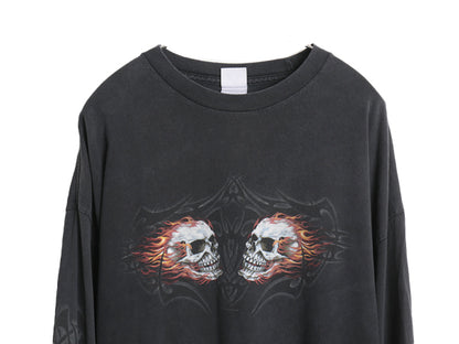 00s 全面 イラスト プリント 長袖 Tシャツ メンズ 2XL / オールド ロンT スカル バイク ファイヤー トライバル 袖プリント 大きいサイズ 黒