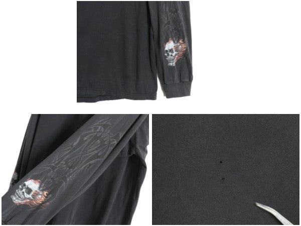 00s 全面 イラスト プリント 長袖 Tシャツ メンズ 2XL / オールド ロンT スカル バイク ファイヤー トライバル 袖プリント 大きいサイズ 黒