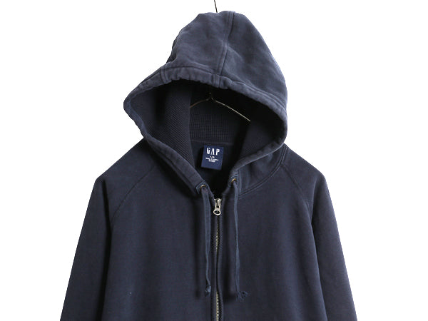 00s オールド ギャップ フルジップ スウェット フード パーカー メンズ L 古着 無地 トレーナー リバース タイプ 裏起毛 ヘビーウェイト 紺