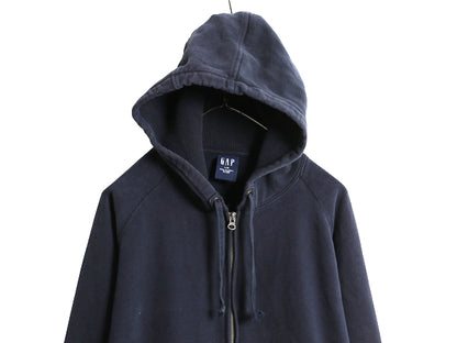 00s オールド ギャップ フルジップ スウェット フード パーカー メンズ L 古着 無地 トレーナー リバース タイプ 裏起毛 ヘビーウェイト 紺