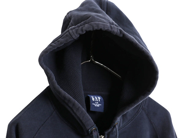 00s オールド ギャップ フルジップ スウェット フード パーカー メンズ L 古着 無地 トレーナー リバース タイプ 裏起毛 ヘビーウェイト 紺