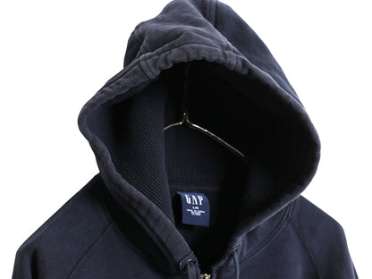 00s オールド ギャップ フルジップ スウェット フード パーカー メンズ L 古着 無地 トレーナー リバース タイプ 裏起毛 ヘビーウェイト 紺