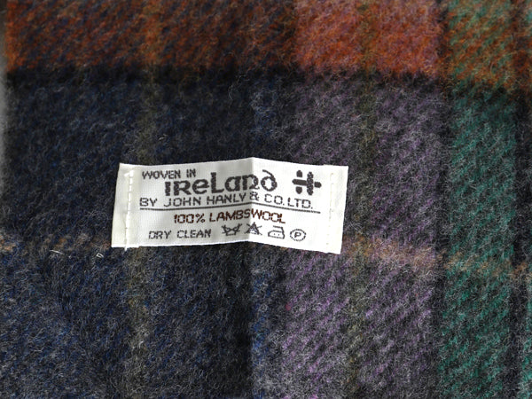 90s アイルランド製 JOHN HANLY フリンジ付き マフラー メンズ レディース 古着 オールド ラム ウール チェック シンプル カジュアル 防寒