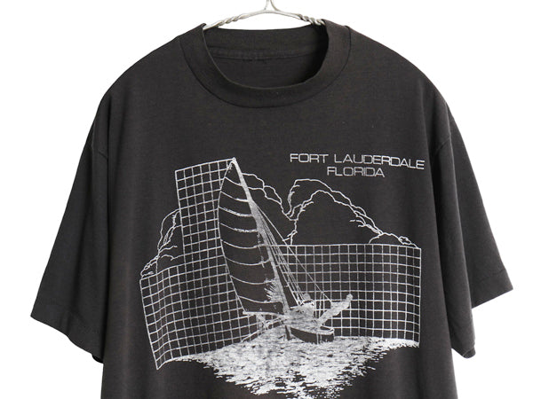 80s 90s セーリング アート イラスト 両面 プリント 半袖 Tシャツ メンズ L 程/ ヴィンテージ オールド シングルステッチ グラフィック 黒