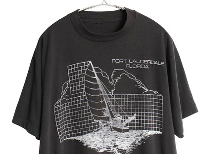 80s 90s セーリング アート イラスト 両面 プリント 半袖 Tシャツ メンズ L 程/ ヴィンテージ オールド シングルステッチ グラフィック 黒