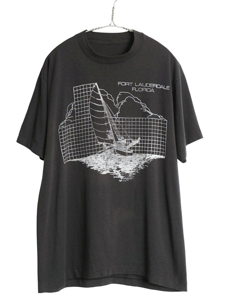 80s 90s セーリング アート イラスト 両面 プリント 半袖 Tシャツ メンズ L 程/ ヴィンテージ オールド シングルステッチ グラフィック 黒