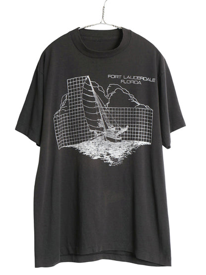 80s 90s セーリング アート イラスト 両面 プリント 半袖 Tシャツ メンズ L 程/ ヴィンテージ オールド シングルステッチ グラフィック 黒