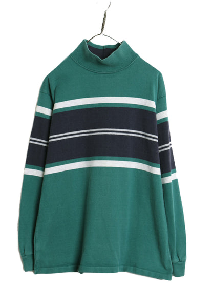 80s USA製 エルエルビーン モックネック ボーダー 長袖 Tシャツ メンズ M ヴィンテージ ロンT ラガーシャツ 素材 ヘビーウェイト コットン