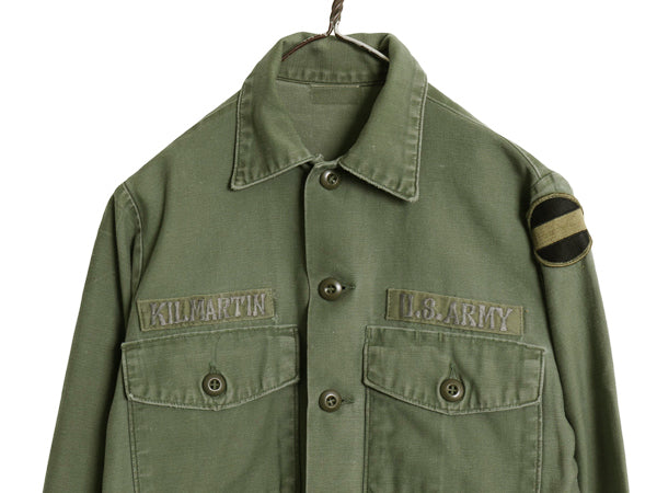 70s 米軍実物 US ARMY コットン サテン ユーティリティ シャツ S 程/ 73年製 ヴィンテージ OG107 シャツ袖 4th 軍物 ミリタリー ワッペン