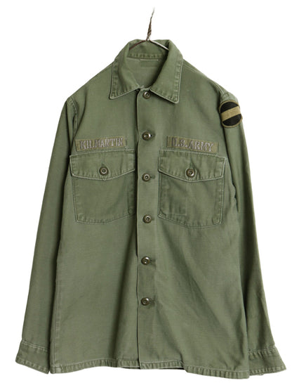 70s 米軍実物 US ARMY コットン サテン ユーティリティ シャツ S 程/ 73年製 ヴィンテージ OG107 シャツ袖 4th 軍物 ミリタリー ワッペン