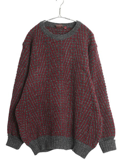 90s スコットランド製 NORDSTROM デザイン ニット セーター メンズ L / 古着 オールド シェットランド ウール 総柄 クルーネック ツートン