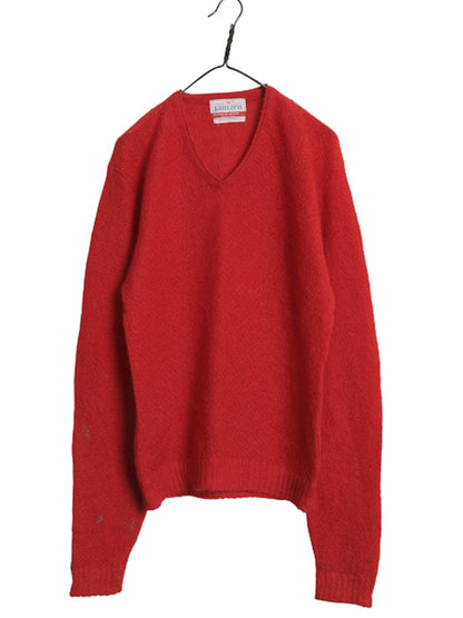 70s USA製 ★ ジャンセン 75% モヘア ニット セーター メンズ L 古着 ヴィンテージ Vネック プルオーバー ウール 毛足 重ね着 無地 レッド
