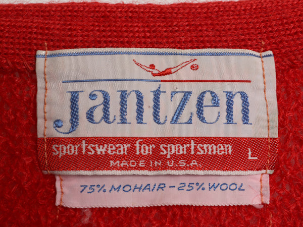 70s USA製 ★ ジャンセン 75% モヘア ニット セーター メンズ L 古着 ヴィンテージ Vネック プルオーバー ウール 毛足 重ね着 無地 レッド