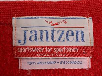 70s USA製 ★ ジャンセン 75% モヘア ニット セーター メンズ L 古着 ヴィンテージ Vネック プルオーバー ウール 毛足 重ね着 無地 レッド