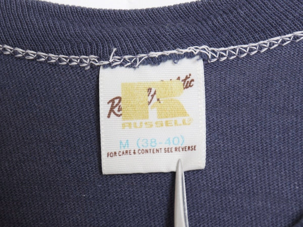 70s 80s USA製 ラッセル 5段 カレッジ プリント 半袖 Tシャツ メンズ M 小さめ S 程/ ヴィンテージ 金タグ シングルステッチ カットソー 紺