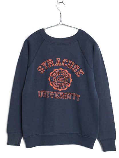 70s 80s USA製 3段 カレッジ プリント スウェット メンズ XS レディース S 程 古着 ヴィンテージ トレーナー ベルバシーン 裏起毛 ネイビー