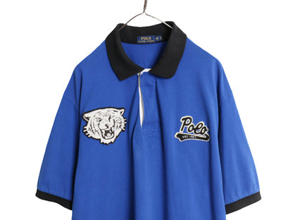 ポロ ラルフローレン 鹿の子 半袖 ポロシャツ メンズ XXL タイガー フェルト ワッペン チェーンステッチ ラガーシャツ 大きいサイズ ブルー