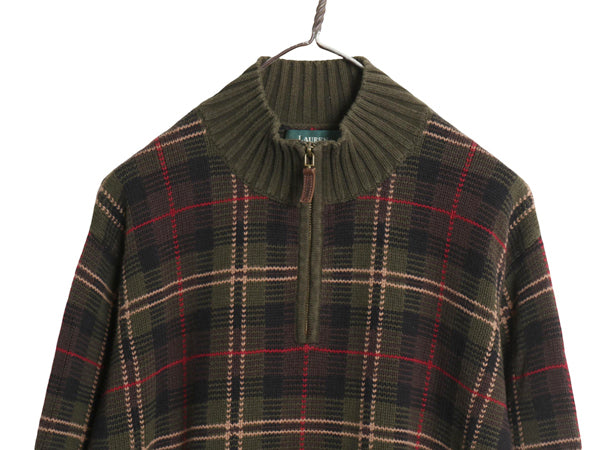90s ローレン ラルフローレン チェック ハーフジップ コットン ニット セーター メンズ レディース L / オールド ポロ ハイネック リブ編み