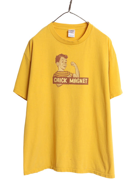 00s キャラクター イラスト プリント Tシャツ メンズ L / オールド ジョーク グラフィック ヘビーウェイト コットン 半袖Tシャツ イエロー