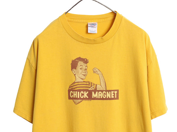 00s キャラクター イラスト プリント Tシャツ メンズ L / オールド ジョーク グラフィック ヘビーウェイト コットン 半袖Tシャツ イエロー