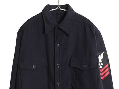 70s 米軍実物 US NAVY CPO ウール シャツ メンズ M 程/ ヴィンテージ ミリタリー 軍物 USN ワッペン ポケット付き アンカーボタン ネイビー
