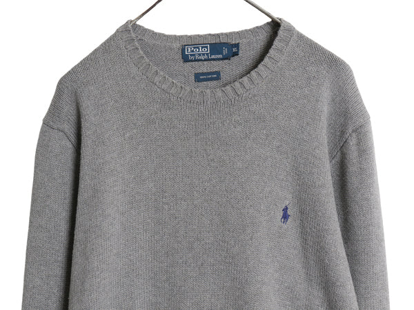 90s ポロ ラルフローレン コットン ニット セーター メンズ XL オールド クルーネック リブ編み ワンポイント ポニー 刺繍 大きいサイズ 灰