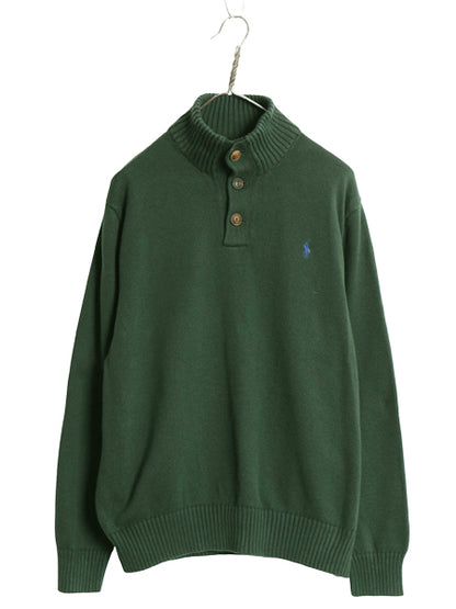 ポロ ラルフローレン ハイネック コットン ニット セーター メンズ XL / ヘンリーネック ワンポイント ポニー  無地 グリーン 大きいサイズ