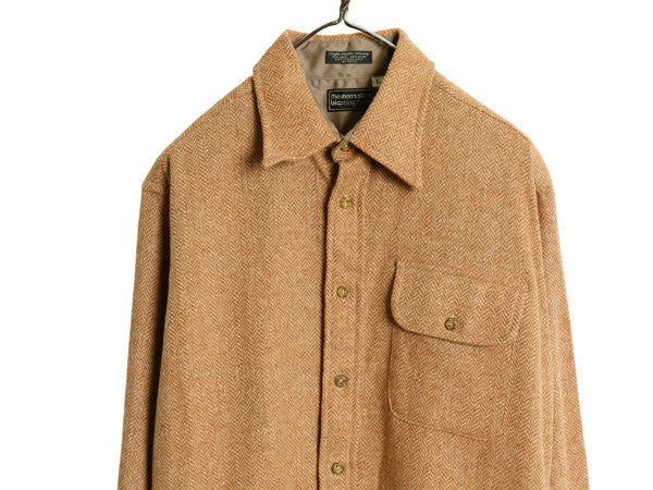 70s 80s Bloomingdales 長袖 ウール シャツ メンズ L / ヴィンテージ ポケット付き ボックス カジュアル ヘリンボーン ストライプ ブラウン