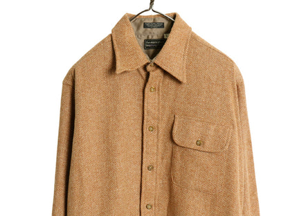 70s 80s Bloomingdales 長袖 ウール シャツ メンズ L / ヴィンテージ ポケット付き ボックス カジュアル ヘリンボーン ストライプ ブラウン