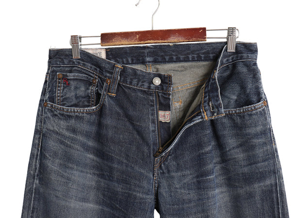 ポロ ラルフローレン デニム パンツ メンズ 実寸 34 30 ヴィンテージ 加工 ジーンズ ジーパン ストレート 革パッチ 濃紺 赤耳 ヒゲ アタリ