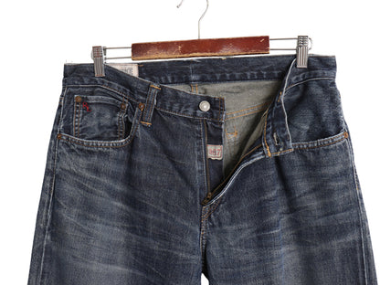 ポロ ラルフローレン デニム パンツ メンズ 実寸 34 30 ヴィンテージ 加工 ジーンズ ジーパン ストレート 革パッチ 濃紺 赤耳 ヒゲ アタリ