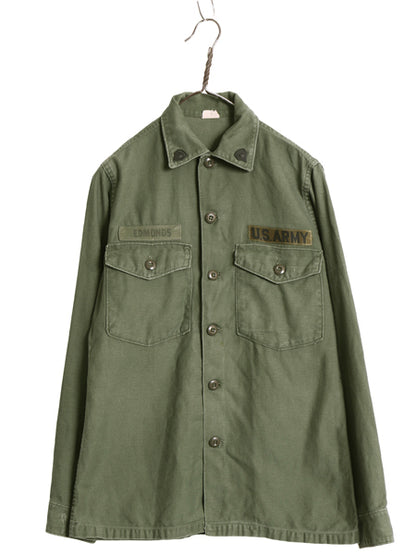 70s 米軍実物 US ARMY コットン サテン ユーティリティ シャツ S / ヴィンテージ 70年製 OG107 シャツ袖 2nd ミリタリー 軍物 ワッペン OD