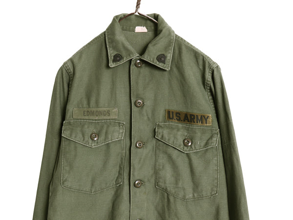 70s 米軍実物 US ARMY コットン サテン ユーティリティ シャツ S / ヴィンテージ 70年製 OG107 シャツ袖 2nd ミリタリー 軍物 ワッペン OD