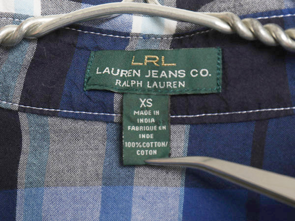 00s ラルフローレン ジーンズ チェック 長袖 シャツ レディース XS オールド コットン ロールアップ ブルー ベース マルチカラー きれいめ