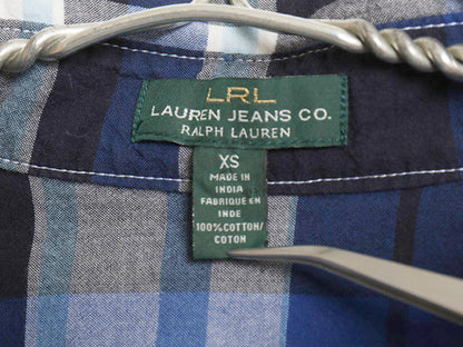 00s ラルフローレン ジーンズ チェック 長袖 シャツ レディース XS オールド コットン ロールアップ ブルー ベース マルチカラー きれいめ