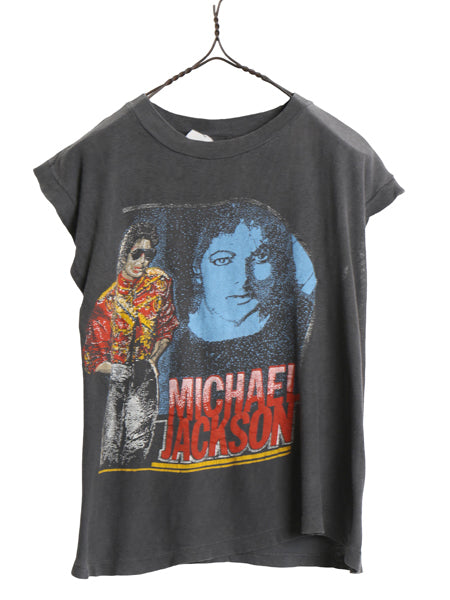 80s パキ綿 ★ マイケルジャクソン イラスト プリント ノースリーブ Tシャツ メンズ S レディース M ヴィンテージ 当時物 バンド 音楽 黒