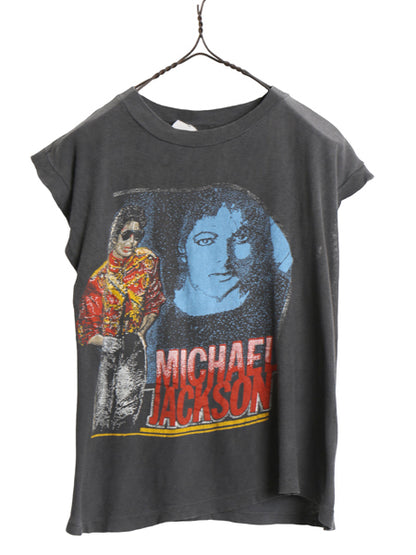 80s パキ綿 ★ マイケルジャクソン イラスト プリント ノースリーブ Tシャツ メンズ S レディース M ヴィンテージ 当時物 バンド 音楽 黒