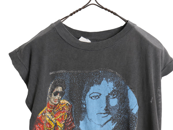 80s パキ綿 ★ マイケルジャクソン イラスト プリント ノースリーブ Tシャツ メンズ S レディース M ヴィンテージ 当時物 バンド 音楽 黒