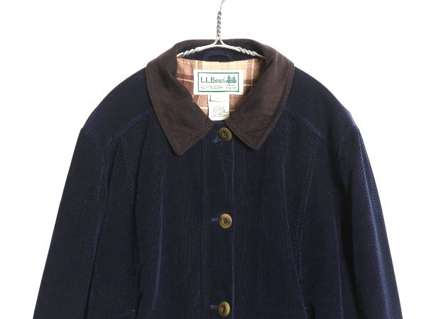 00s エルエルビーン 太畝 コーデュロイ ハンティング ジャケット レディース L オールド ハーフ コート フランネル チェック ライナー付き