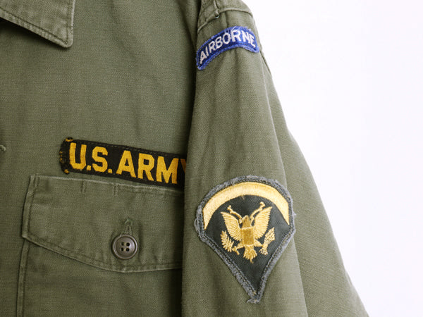 60s 米軍実物 US ARMY コットン サテン ユーティリティ シャツ M / ヴィンテージ OG107 シャツ袖 1st ミリタリー 軍物 ワッペン フルパッチ
