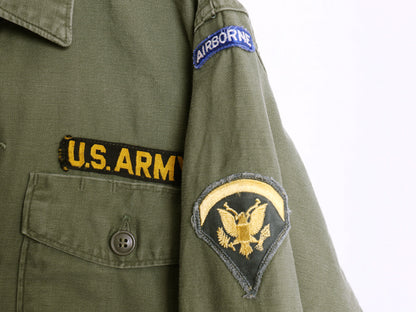 60s 米軍実物 US ARMY コットン サテン ユーティリティ シャツ M / ヴィンテージ OG107 シャツ袖 1st ミリタリー 軍物 ワッペン フルパッチ